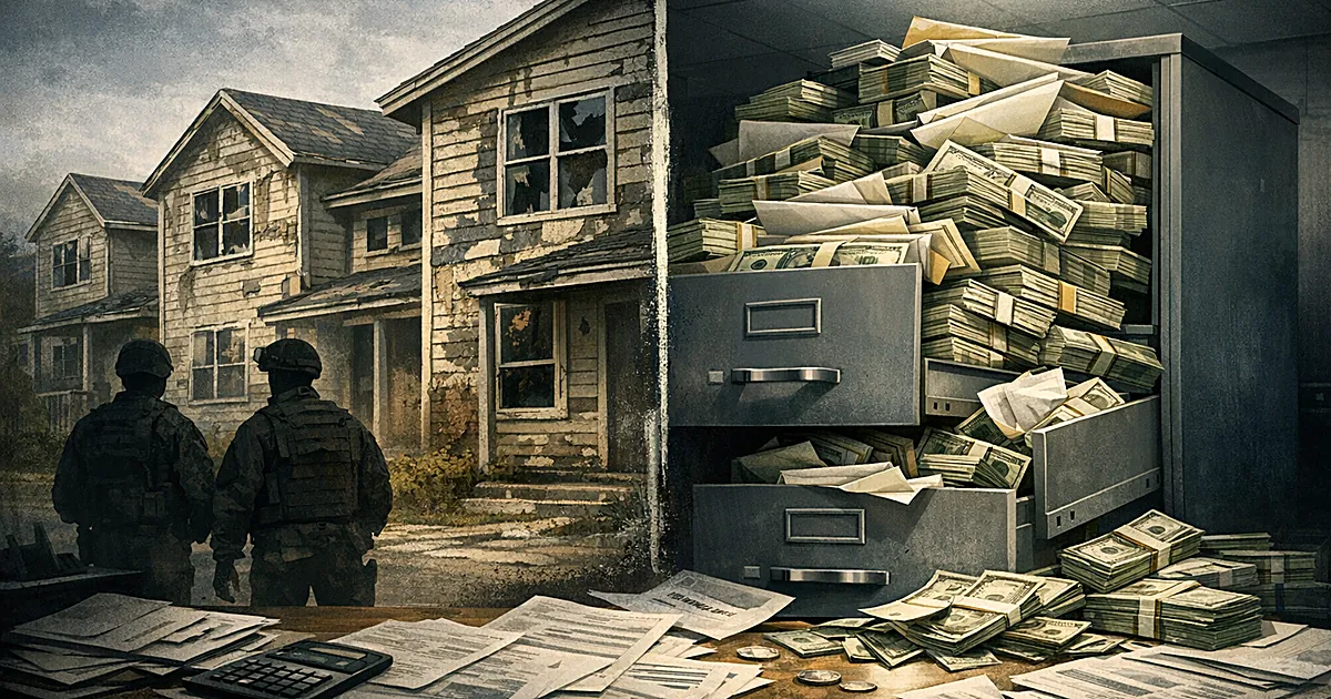 Deteriorating military housing contrasted with cash and bonus checks spilling from Pentagon filing cabinet