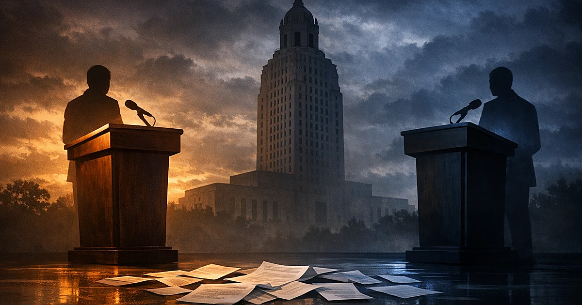 Two opposing podiums before Louisiana capitol dome under stormy sky with scattered documents between them