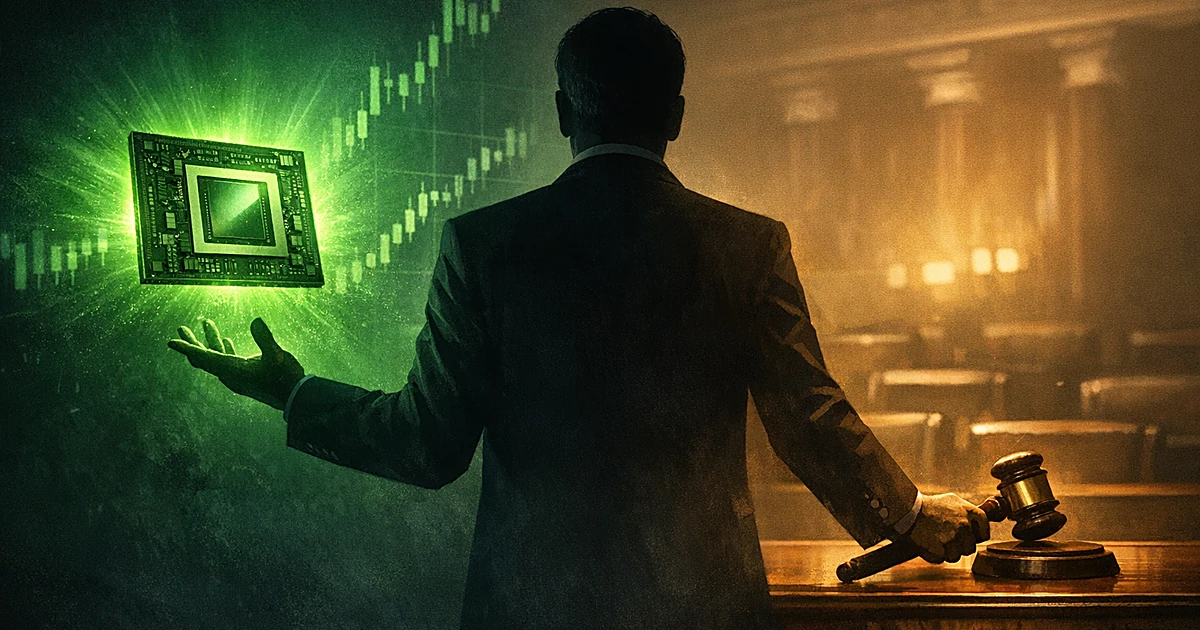 Silhouetted figure between floating computer chip and congressional gavel, representing stock trading conflict