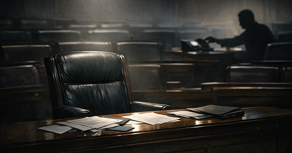 Empty chair spotlit in legislative chamber while silhouetted figure reaches for phone in background