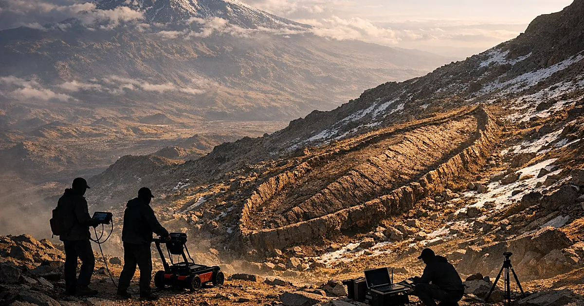 Boat-shaped rock formation on mountain slope with silhouetted researchers using ground-penetrating radar equipment