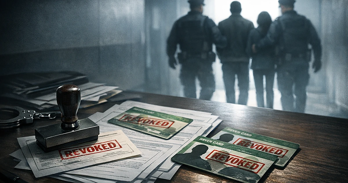 Documents being stamped on desk while silhouettes are escorted away in government office setting