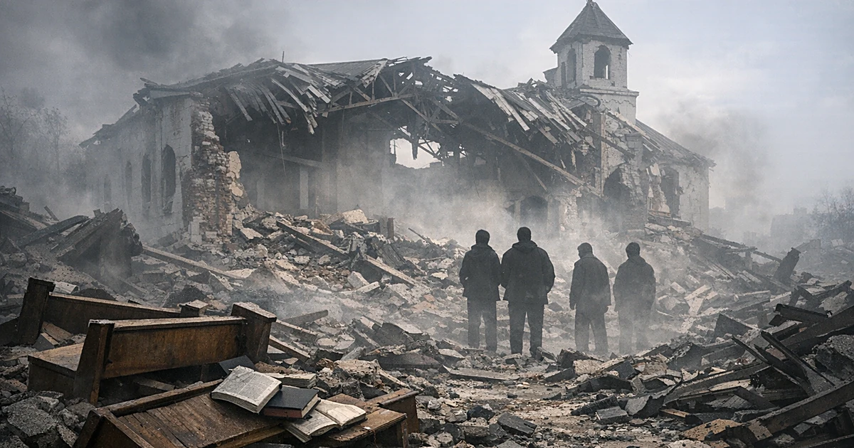 Destroyed church building with collapsed roof, debris, and silhouettes of people viewing the damage from behind