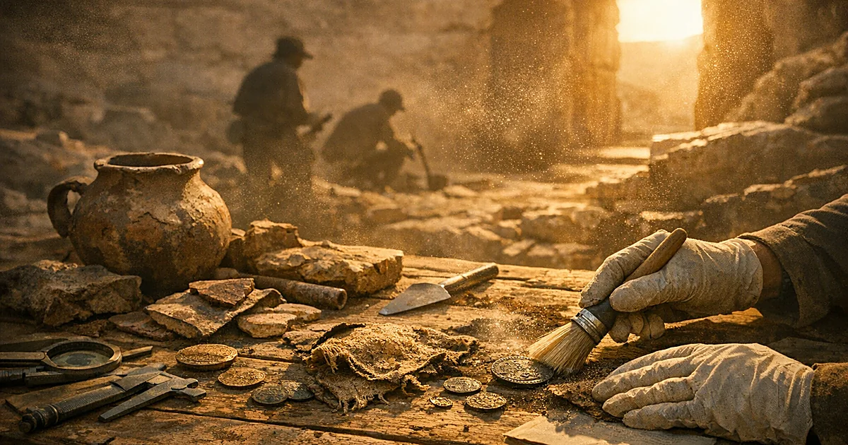 Archaeological artifacts including ancient coins and cloth fragments being examined on a table at an excavation site