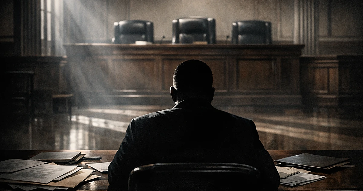 Silhouetted figure at courtroom defense table facing three elevated judicial chairs with documents scattered on surface