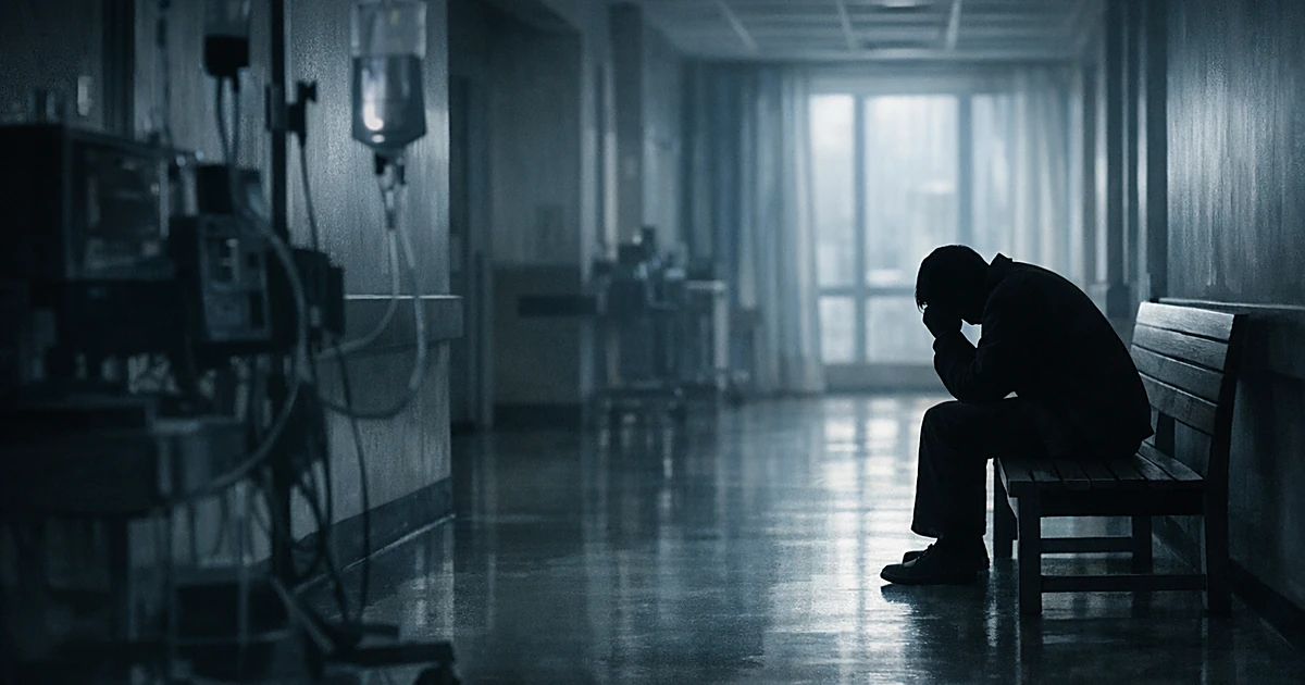 Silhouetted figure sits alone on hospital bench, head bowed, with medical equipment visible in dimly lit corridor