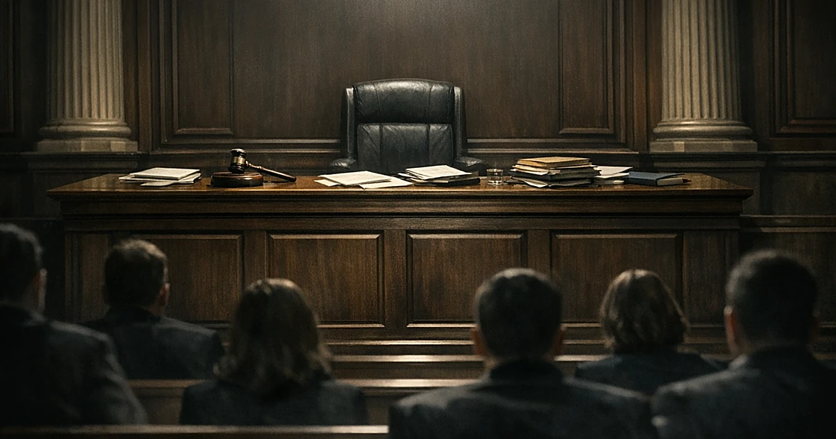 Empty judge's bench in courtroom with silhouetted observers, scattered gavels and documents under dramatic lighting