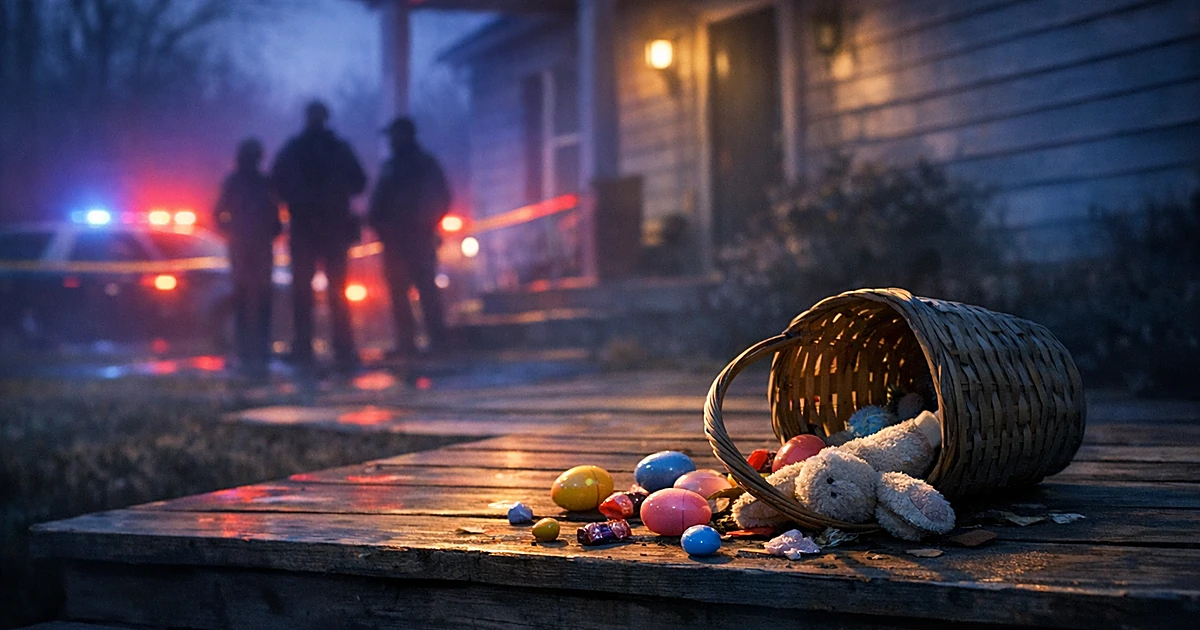 Overturned Easter basket on porch steps of darkened house at dawn with emergency lights reflecting on exterior