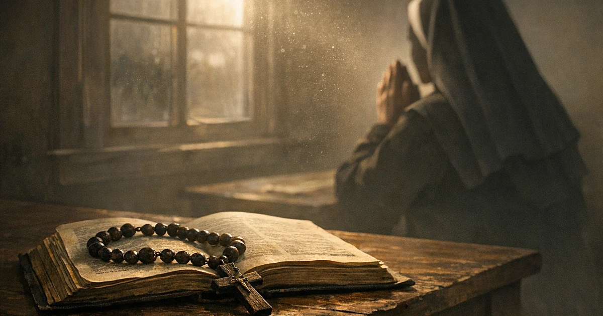 Rosary beads on open book at desk with silhouetted nun figure in prayer, morning light streaming through window