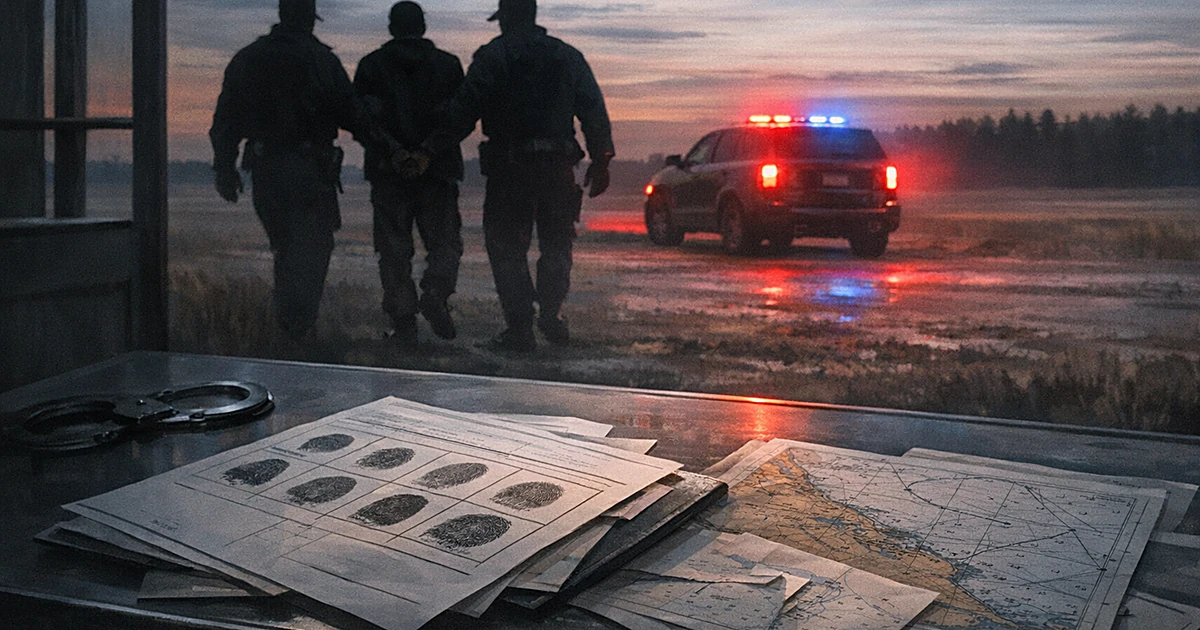 Silhouetted officers escort detained person at northern border crossing with investigation materials in foreground