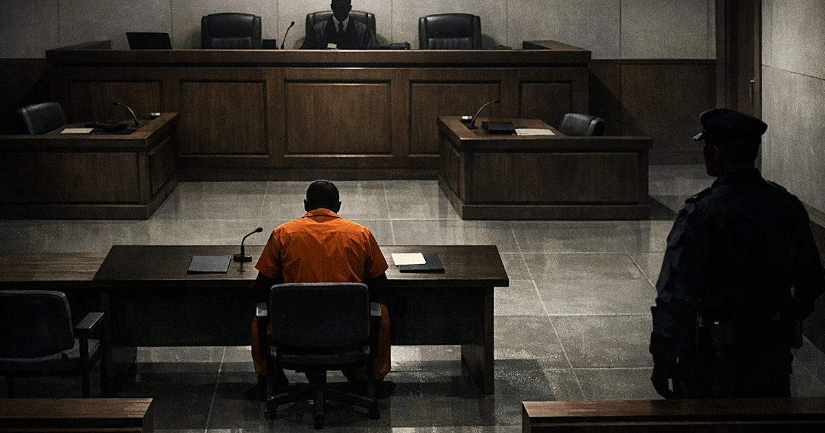 Figure in orange uniform seated at courtroom table facing judge's bench, viewed from behind in stark lighting