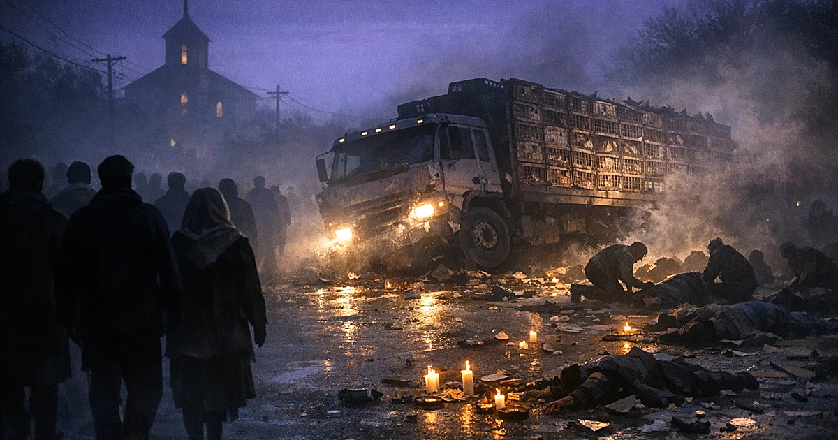 Silhouettes of Easter procession with truck across road and scattered debris in pre-dawn light