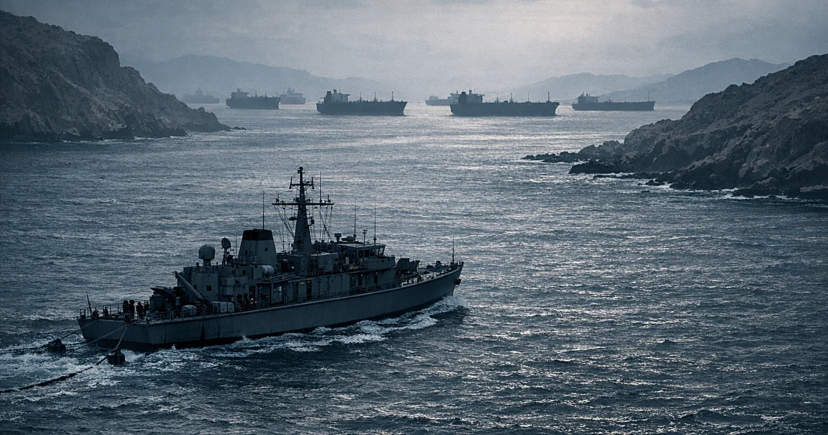 British minesweeper ship navigating narrow strait waters with waiting oil tankers in background