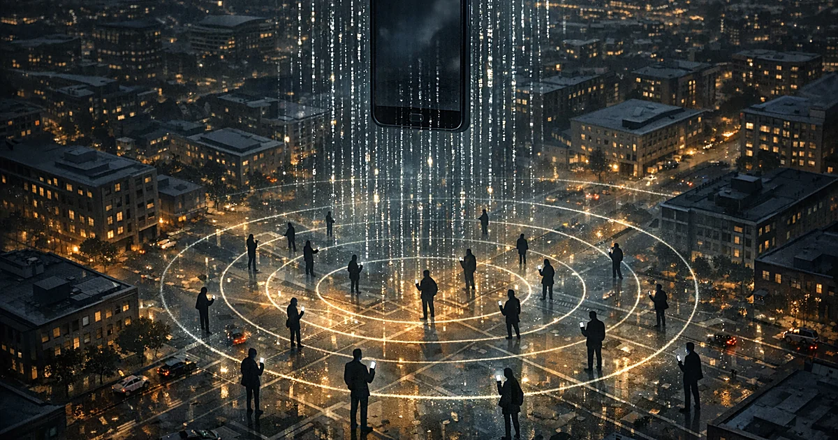 Aerial view of glowing geofence rings over city blocks with silhouetted people and data streams flowing to smartphone above