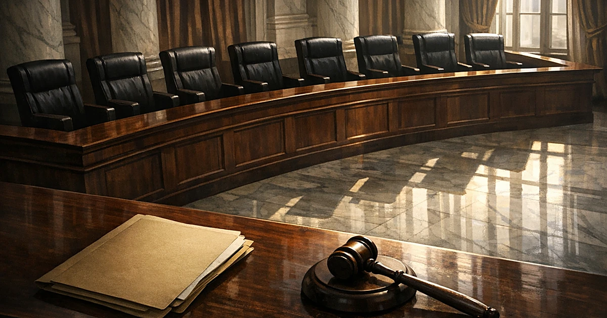 Overhead view of empty Supreme Court bench with nine chairs, folder and gavel on table in foreground