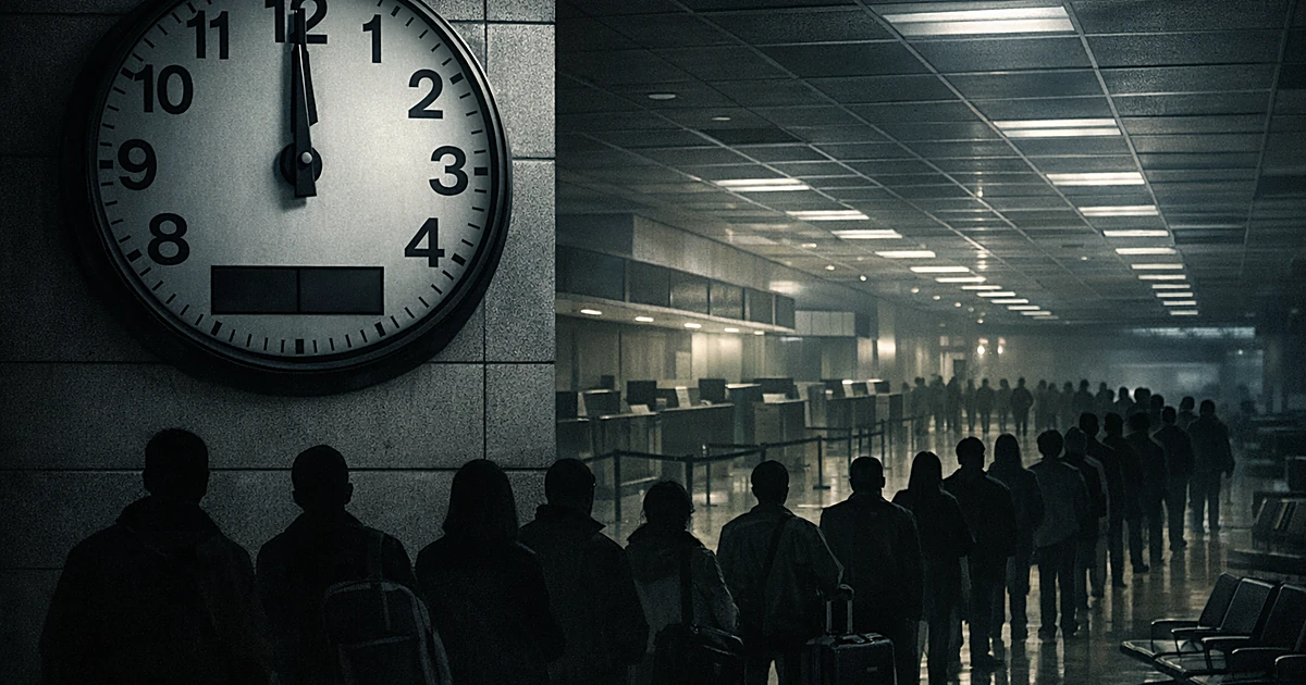 Clock showing September 30 at midnight with silhouetted people waiting in long airport security line amid closed counters