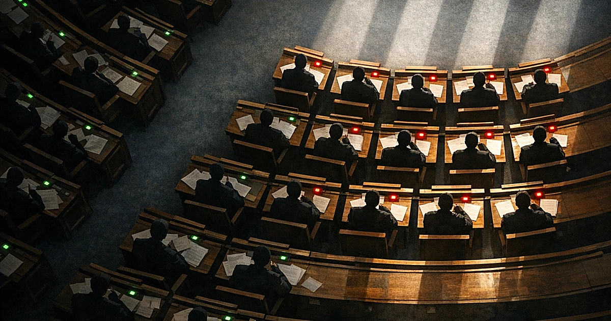 Overhead view of legislative chamber with ten illuminated seats separated from others, silhouetted figures at desks