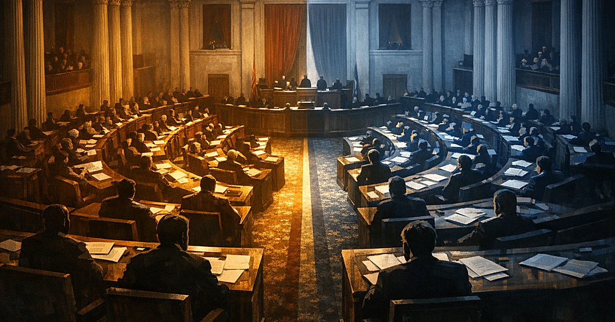Legislative chamber with divided lighting showing amber and blue tones across rows of desks with silhouetted figures