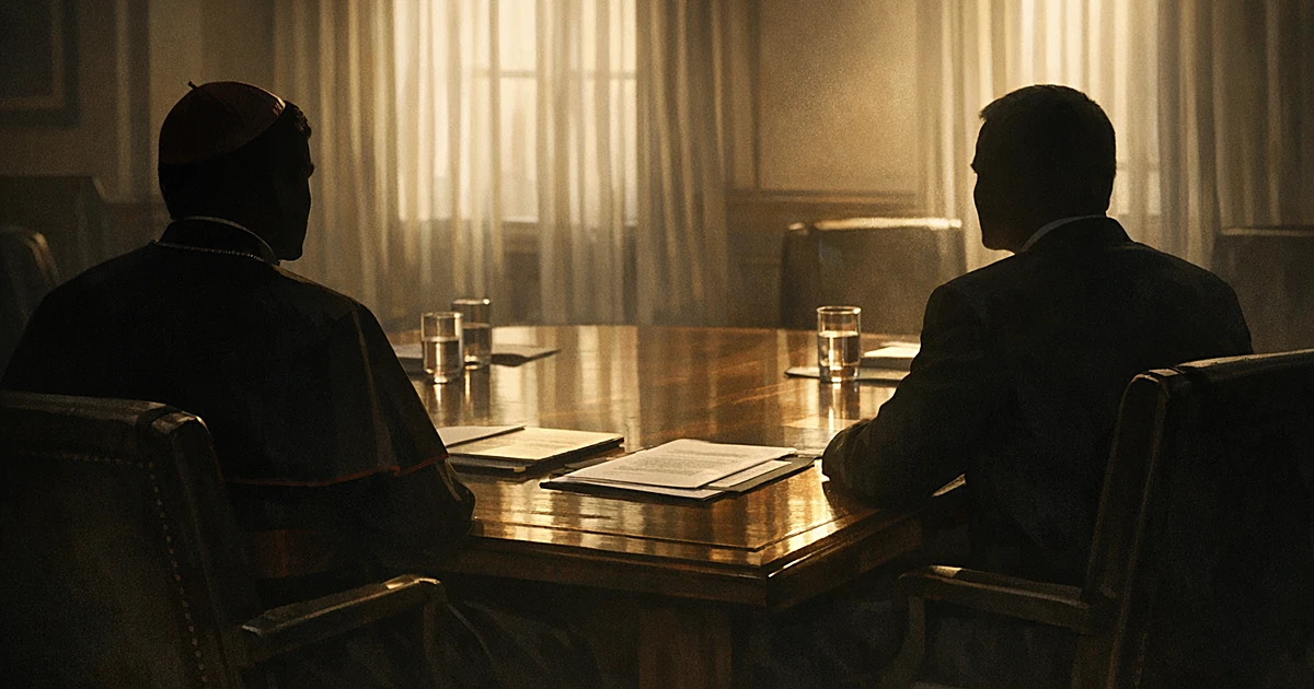 Two silhouetted figures in formal meeting across table in sunlit room, suggesting diplomatic discussion