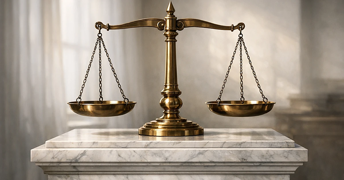 Bronze scales of justice on marble pedestal in soft natural lighting