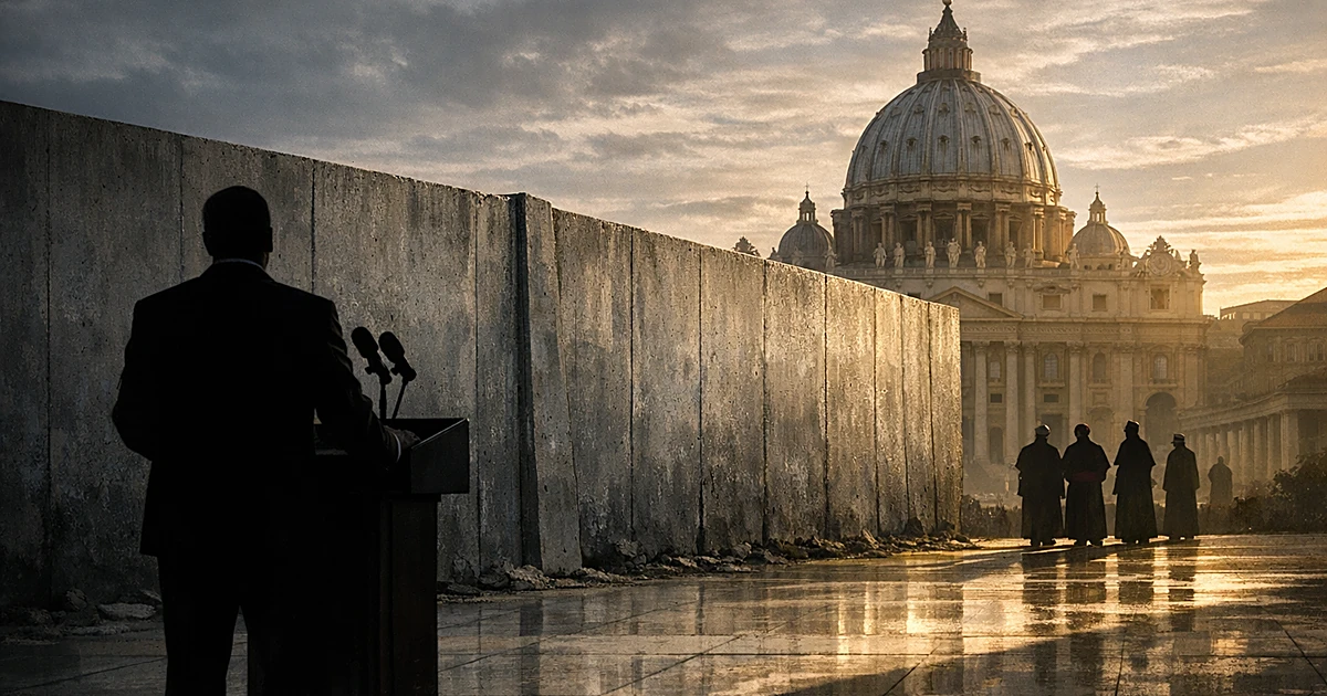 Silhouetted figure at podium facing distant cathedral dome with barrier dividing the space between them