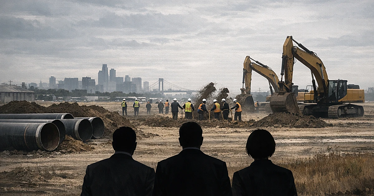 Silhouetted officials viewing pipeline construction equipment and large pipe sections at groundbreaking ceremony