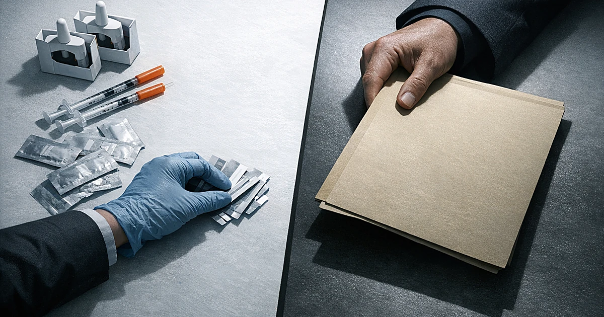 Overhead view of gloved hand removing fentanyl test strips from table while suited hand holds folder, dividing supplies