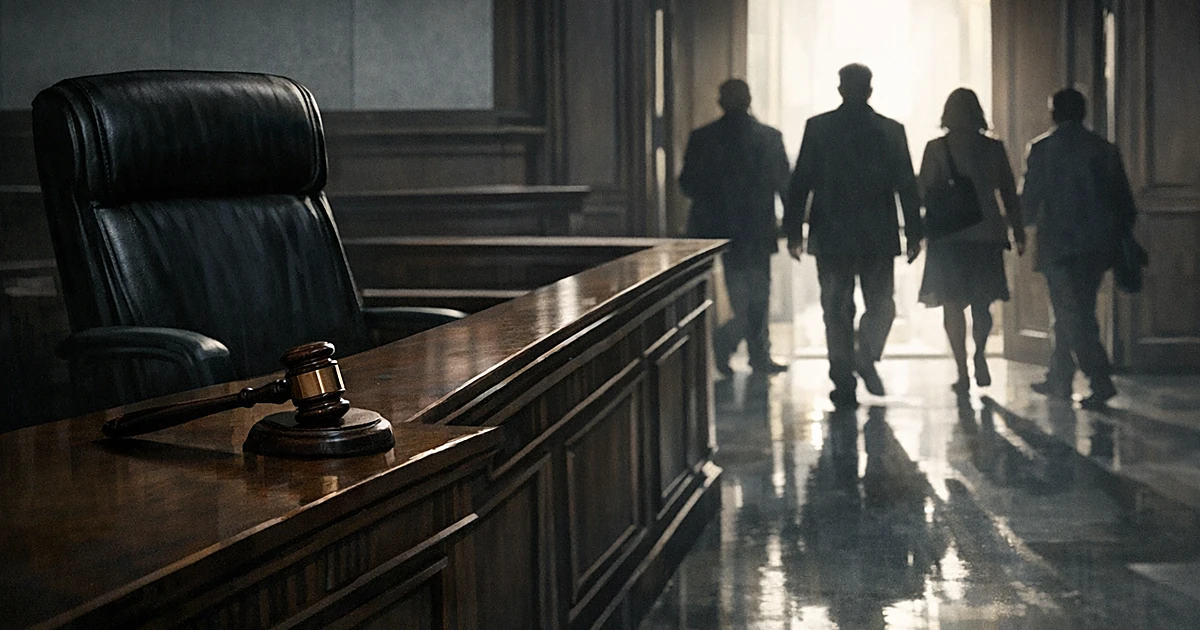 Empty judge's bench with gavel as silhouetted figures exit a courtroom, symbolizing judicial dismissals