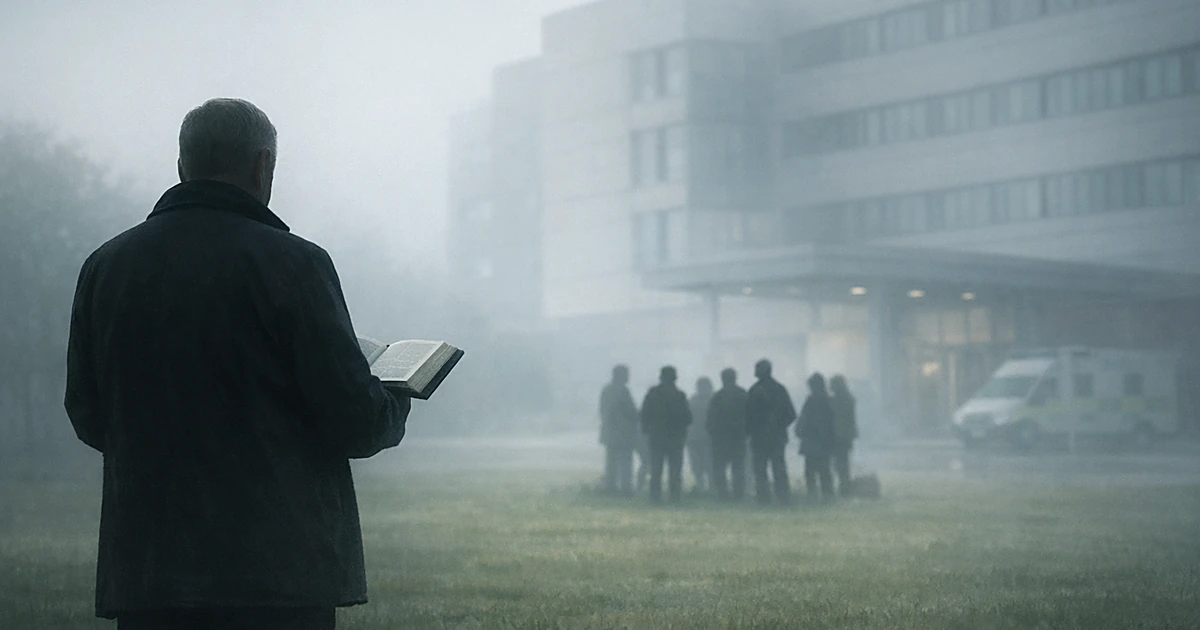 Silhouetted figure holding book stands on grass near hospital building with small group of distant people