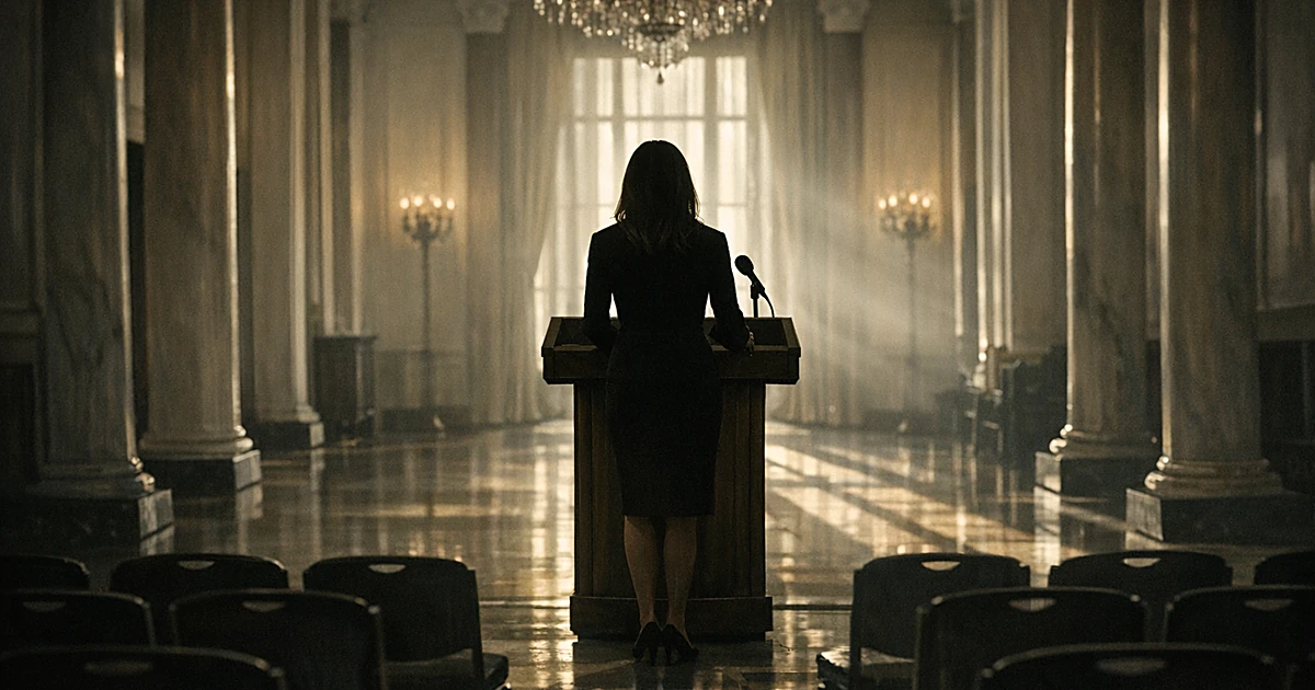 Silhouette of woman at podium in formal White House entrance hall with chandelier and columns, viewed from behind