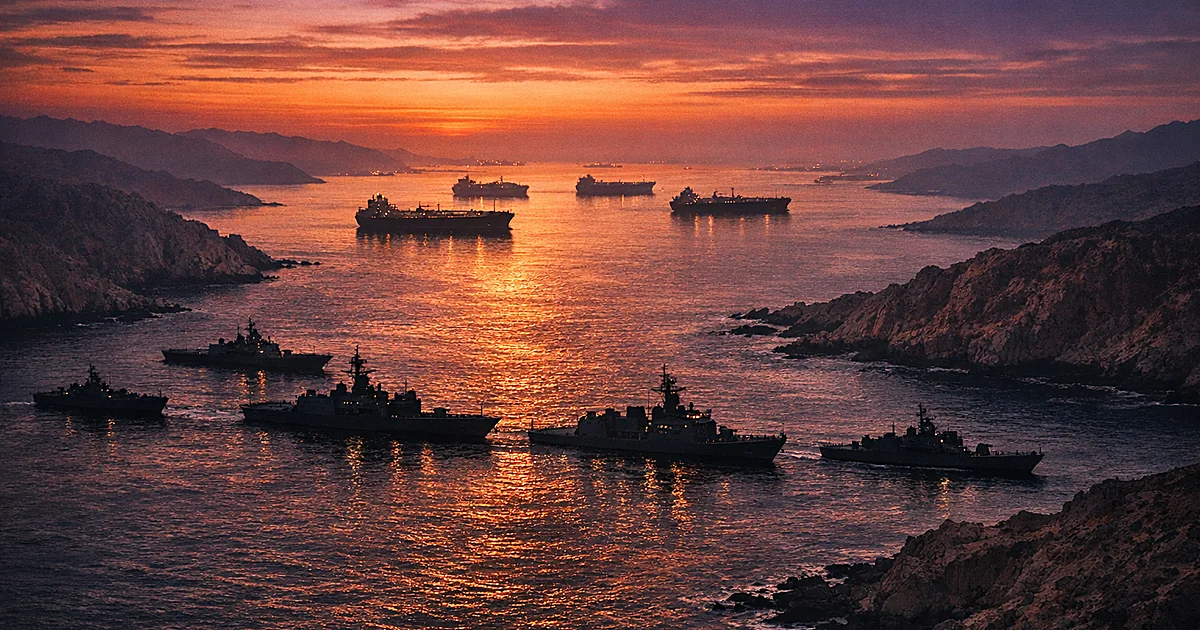Aerial view of naval vessels blocking oil tankers in the Strait of Hormuz at dusk
