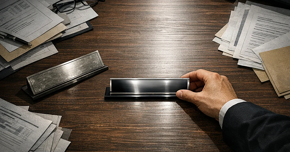 Overhead view of desk with hand replacing old nameplate with new one, papers scattered across surface
