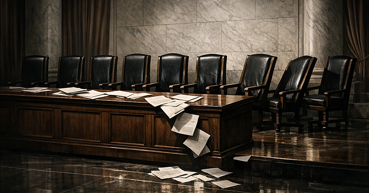Empty Supreme Court bench with chairs divided, documents scattered, dramatic shadows emphasizing separation