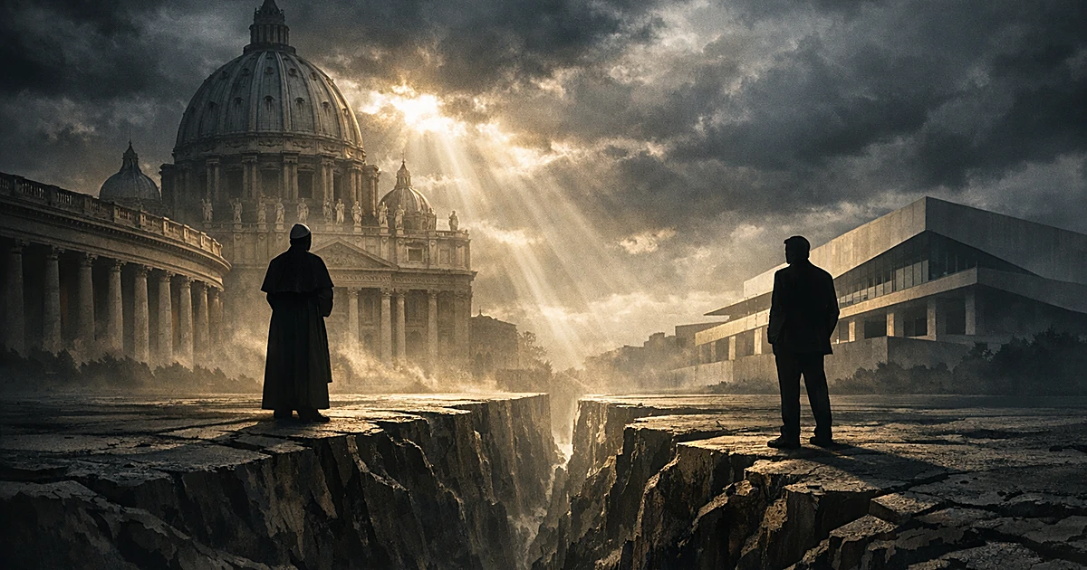 Two silhouettes separated by a chasm between a domed religious building and modern government architecture