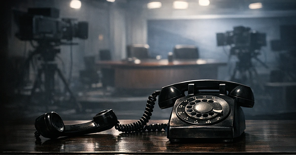 Rotary phone with dangling handset on desk with empty television studio set in background