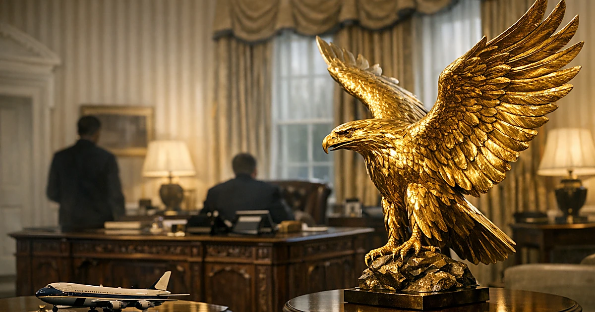 Golden eagle statue positioned behind wooden desk in oval-shaped presidential office with cream walls
