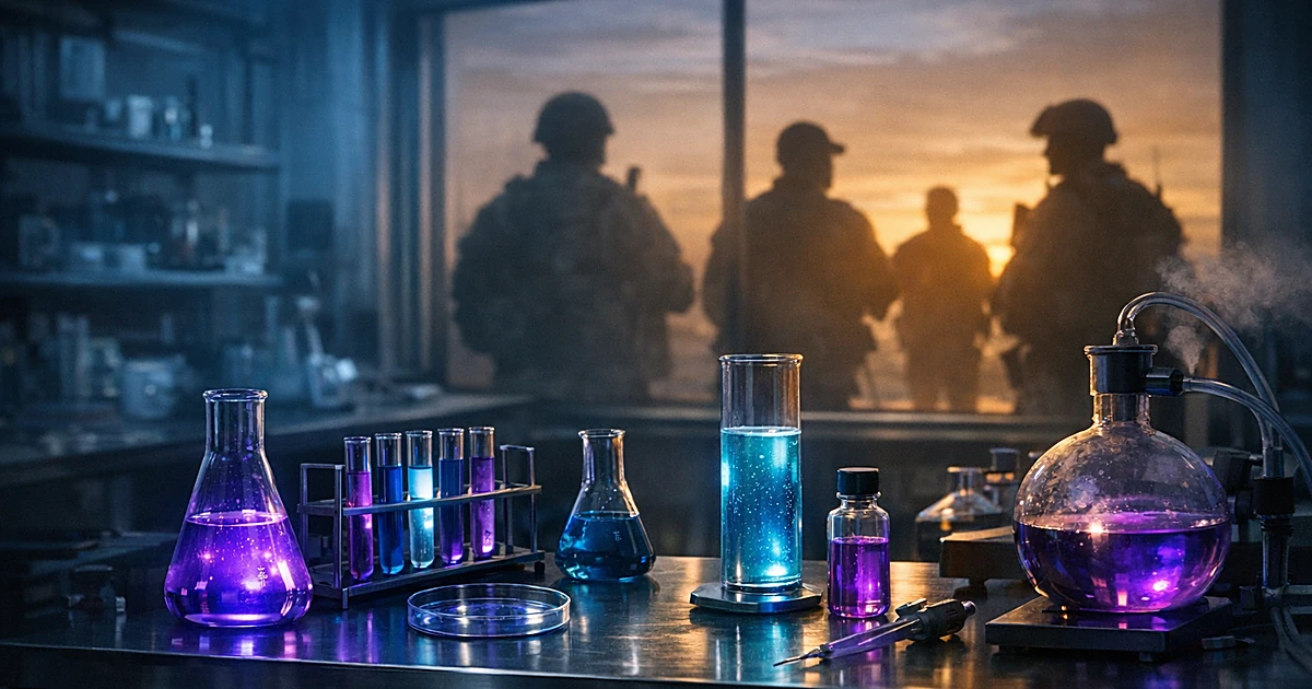 Laboratory with glowing psychedelic compounds in vials, military silhouettes visible through window at sunset