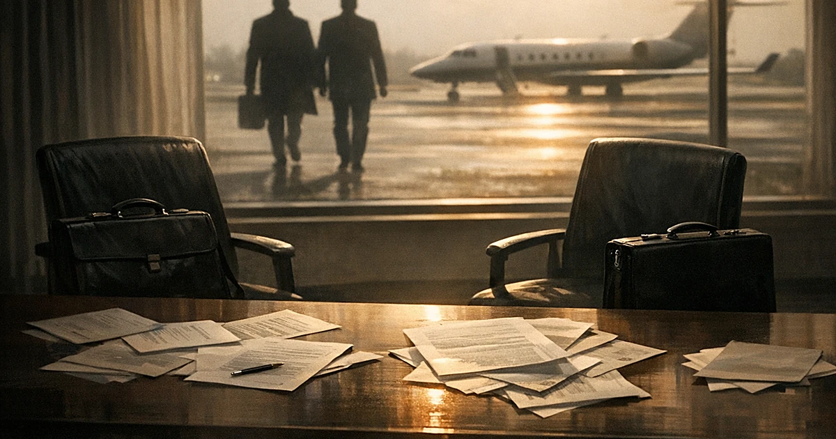 Empty conference room with abandoned chairs and briefcases, silhouettes of departing figures visible through window