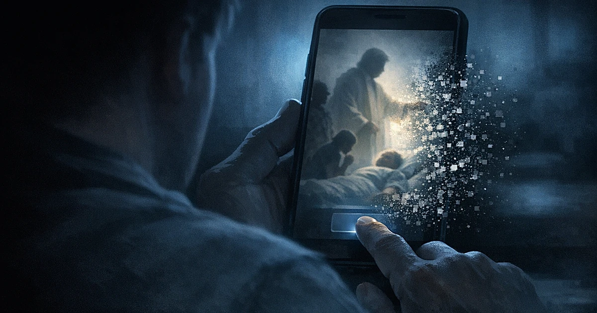 Silhouette of hands deleting an AI-generated image from a glowing smartphone screen in darkness