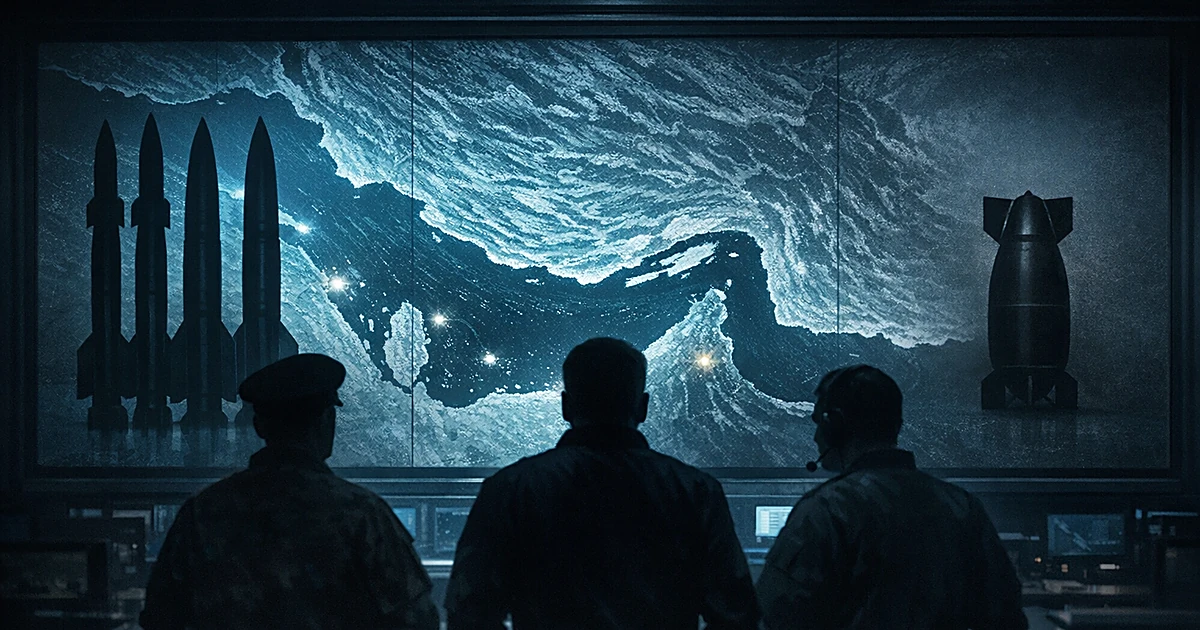 Silhouetted figures in command room viewing tactical display of Strait of Hormuz with conventional and nuclear weapons