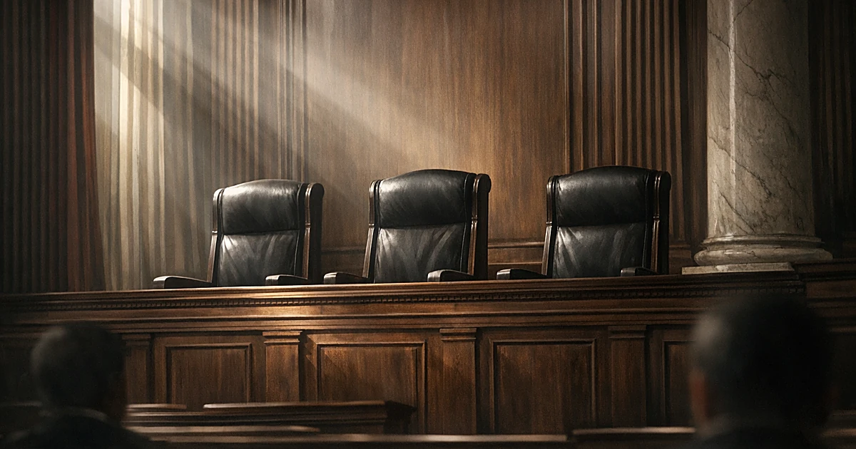 Three empty leather chairs on a Supreme Court judicial bench in a darkened courtroom with dramatic window lighting