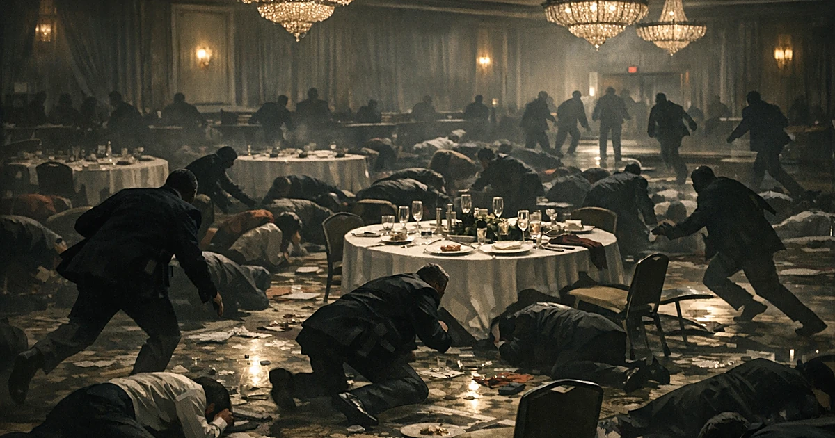 Silhouetted figures crouched on ballroom floor as security personnel move through the space during emergency