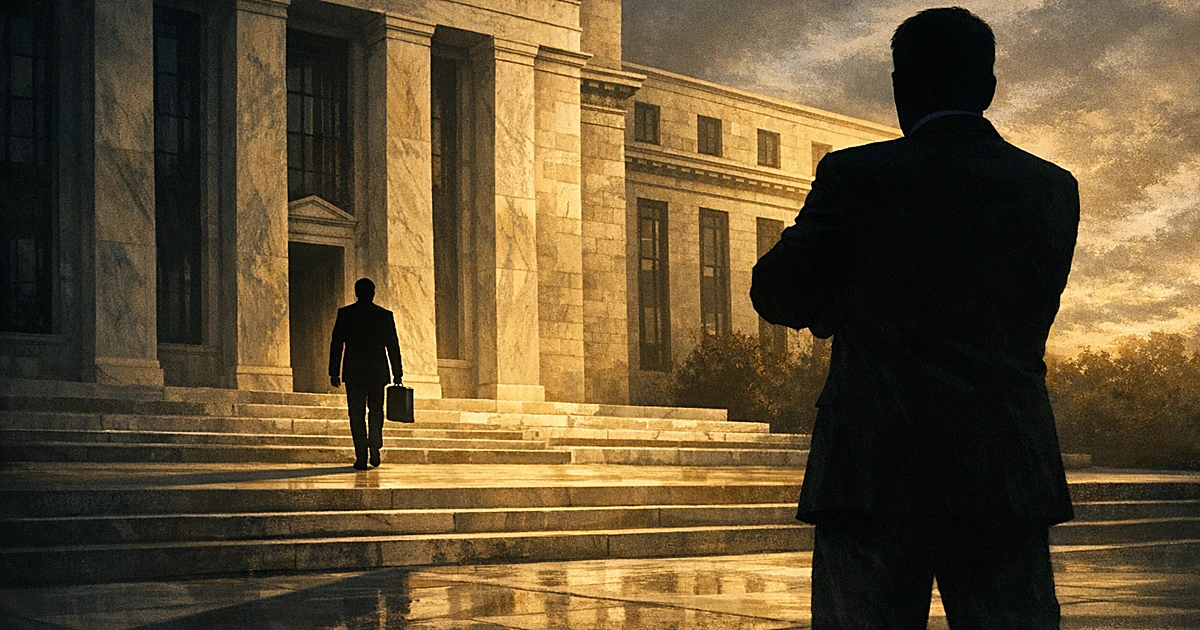 Silhouetted figure walking away from grand columned building while another silhouette stands in confrontational pose