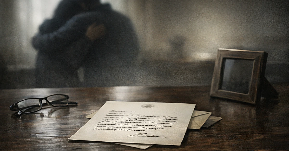 Handwritten condolence letter on desk with embracing silhouettes in shadowy background