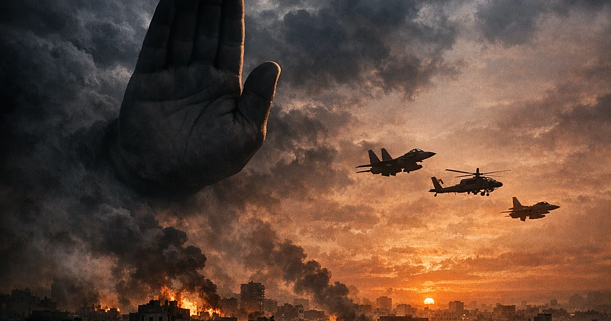 Large hand gesture stopping military aircraft silhouettes above a smoking Middle Eastern city at dusk