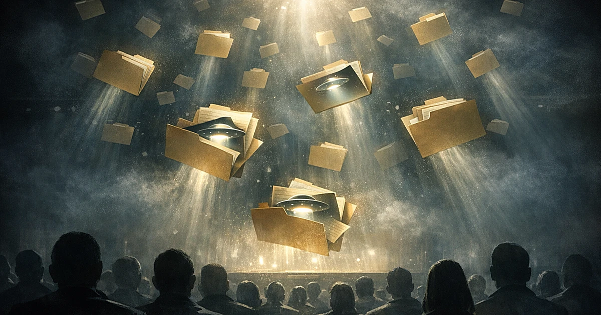 Silhouetted audience watches as glowing classified folders release UFO shapes in beams of light above darkened auditorium