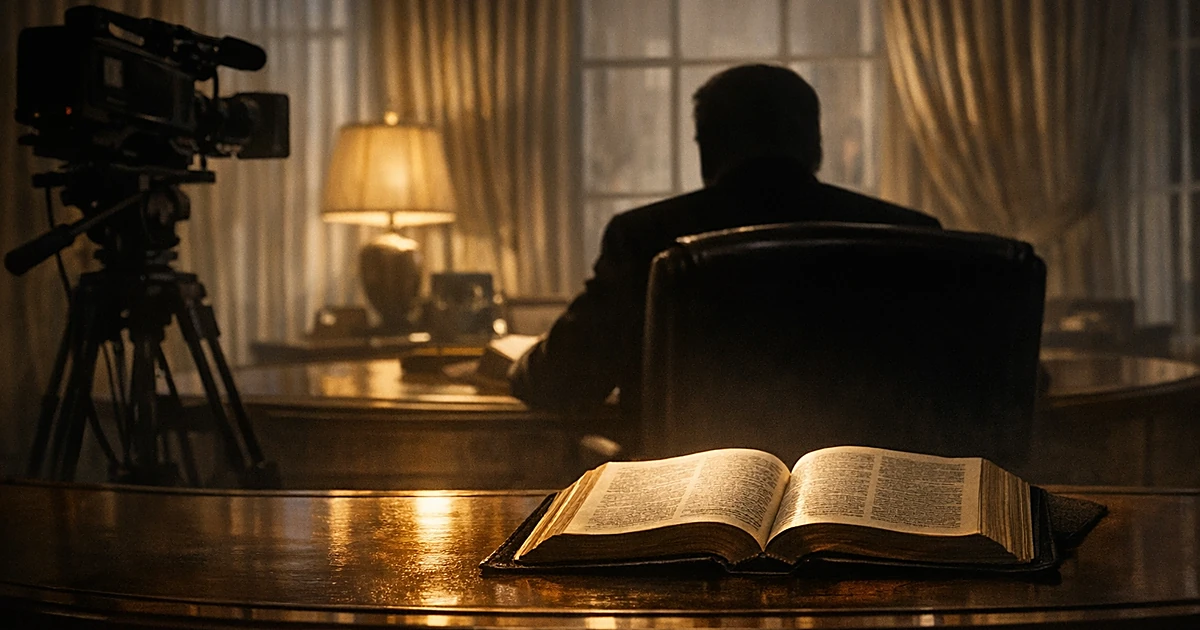 Silhouette of person at desk with open Bible and video camera in oval office setting