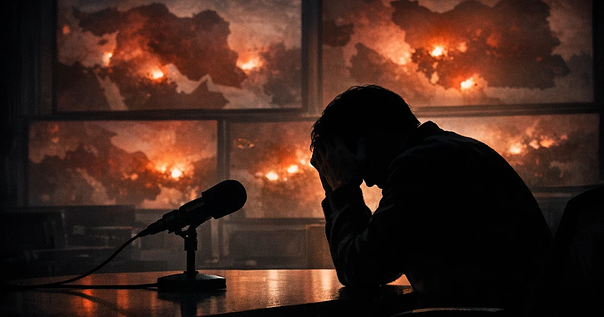Silhouetted broadcaster at desk with head in hands, surrounded by glowing screens showing Middle East maps
