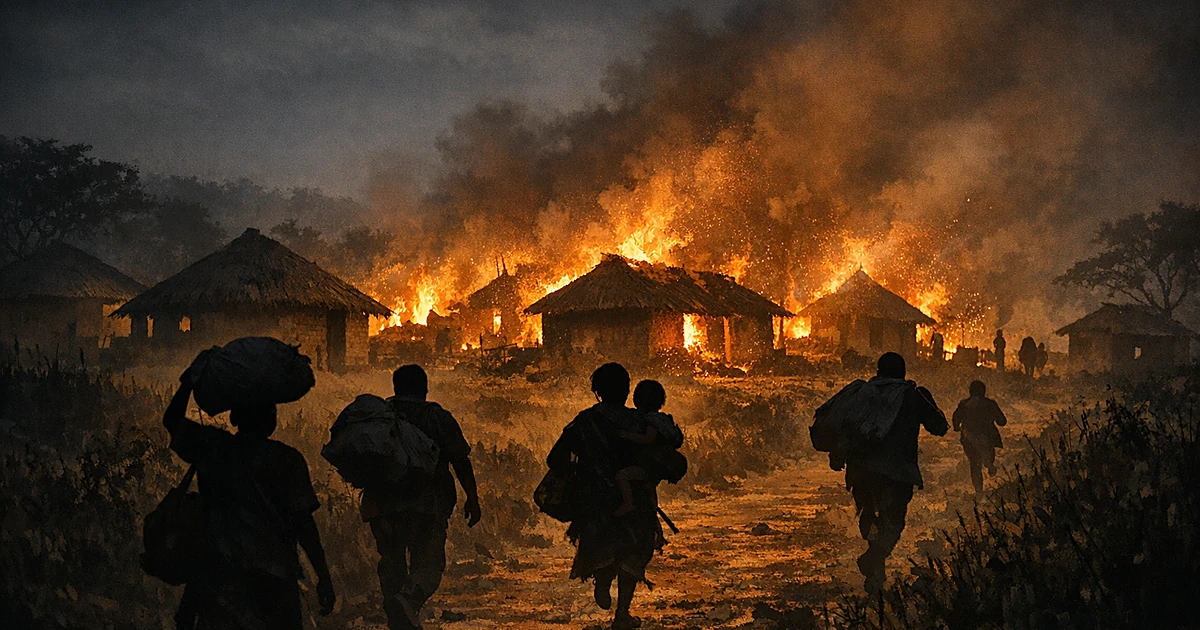 Silhouettes of villagers fleeing burning homes at night in a rural Nigerian village