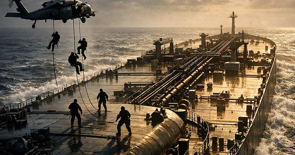 Military helicopter hovering above oil tanker with silhouetted personnel rappelling to deck during naval operation